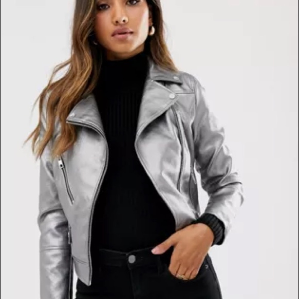 New ASOS faux vegan silver leather Moto jacket
